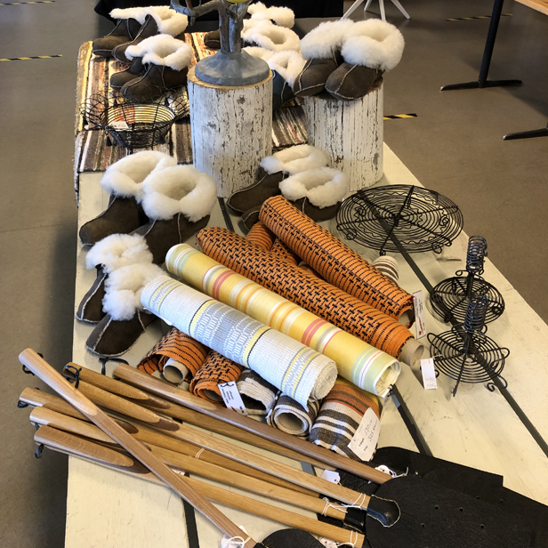 Slippers, table runners, wire work & leather fly swatters